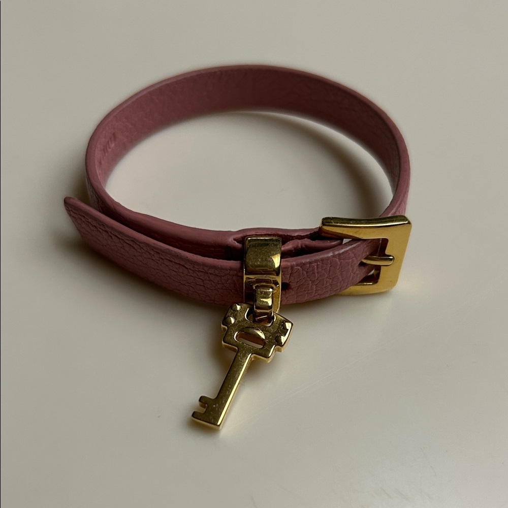 Authentic Miu Miu Pink Leather Bracelet with Gold Key Charm